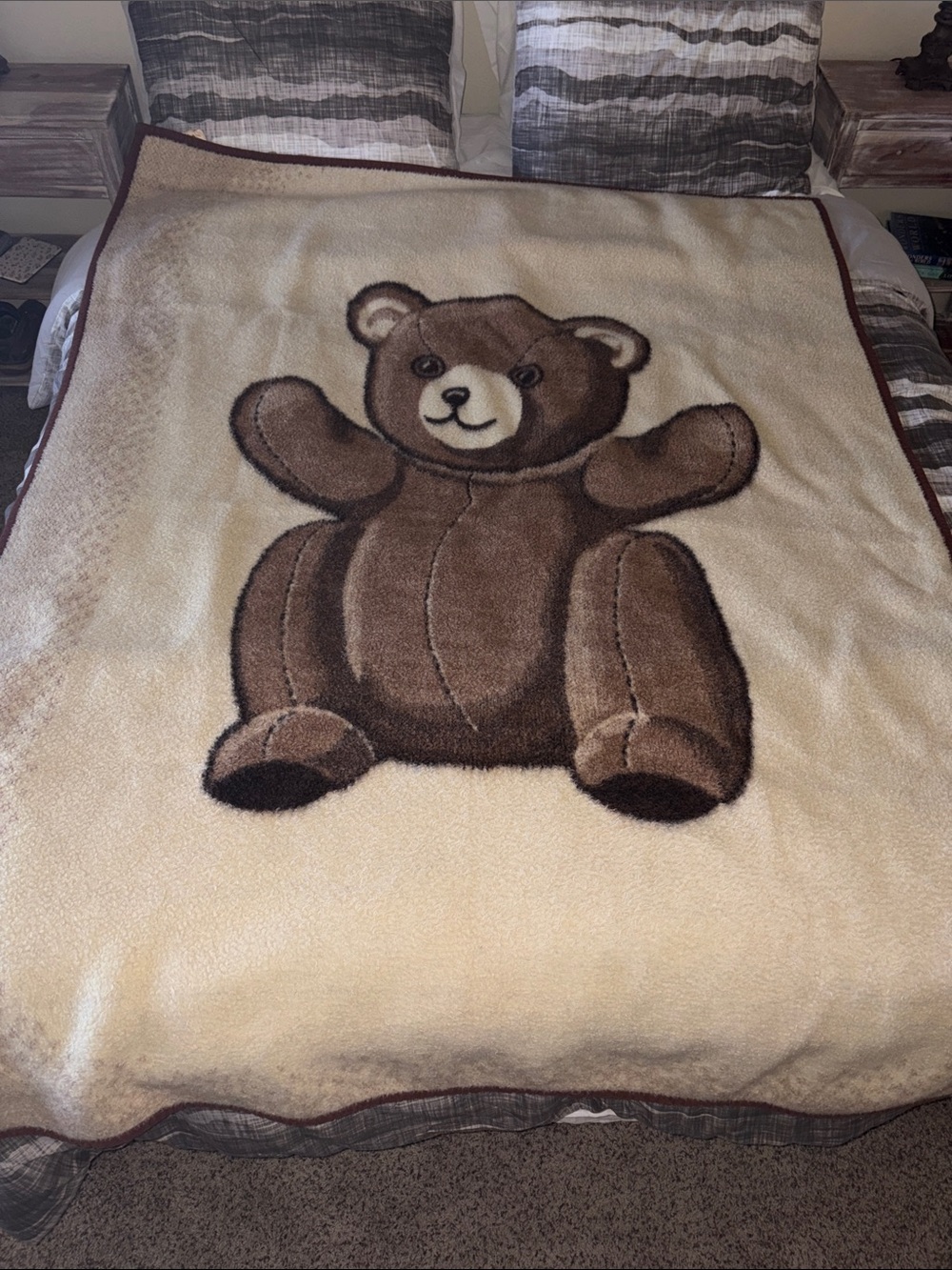 Large Vintage Biederlack Reversible Blanket Teddy Bear  72 X 54in